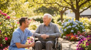 Smiling male nurse with senior man in a wheelchair in a vibrant sunlit garden.
