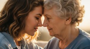 Close up intimate portrait of an elderly woman and younger woman touching foreheads